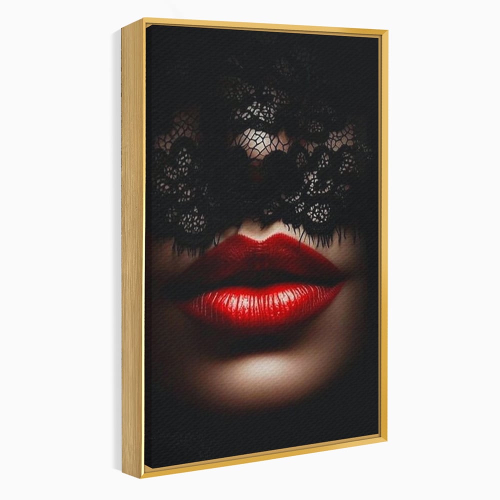Tablou canvas cu tablou canvas cu buze rosii si dantela, in rama de aluminiu auriu
